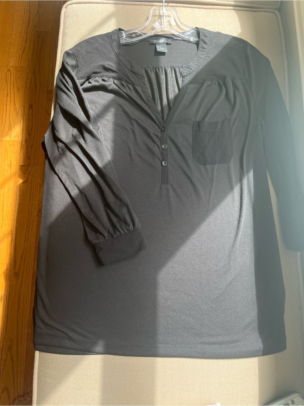 H&M Black Henley Blouse 3/4 Sleeves M - Picture 2 of 8